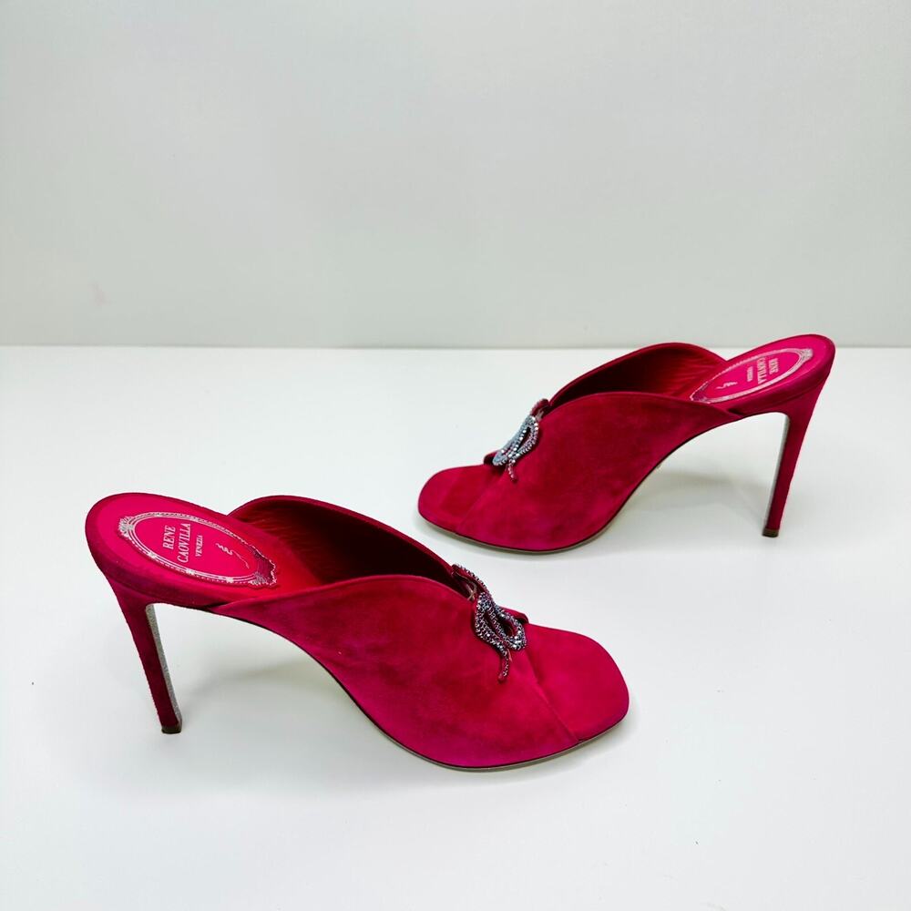Rene Caovilla Venezia EU 37 US 7 Sandals Red Suede Leather Crystal Snake Mules - Picture 9 of 11